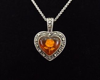 .925 Sterling Silver Art Nouveau Inlayed Amber Rose Heart Pendant Necklace
