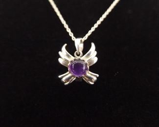 .925 Sterling Silver Amethyst Cabochon Winged Pendant Necklace
