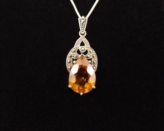 .925 Sterling Silver Art Nouveau Pear Cut Citrine Pendant Necklace
