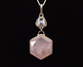 .925 Sterling Silver Large Topaz and Rose Quartz Mother and Son Pendant Necklace
