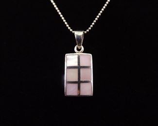 .925 Sterling Silver Inlayed Pink Mother of Pearl Shield Pendant Necklace
