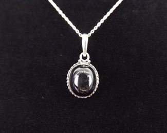 .925 Sterling Silver Black Onyx Cabochon Pendant Necklace
