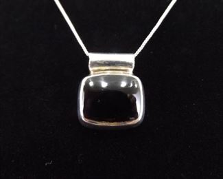 .925 Sterling Silver Black Onyx Cabochon Pendant Necklace
