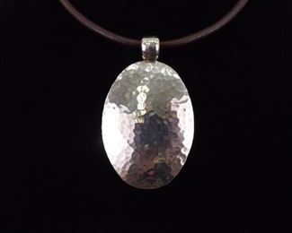 .925 Sterling Silver Large Hand Hammered Shield Pendant and Leather Necklace
