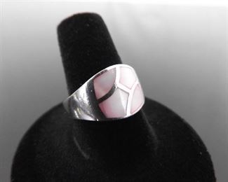 .925 Sterling Silver Inlayed Pink Mother of Pearl Ring Size 8
