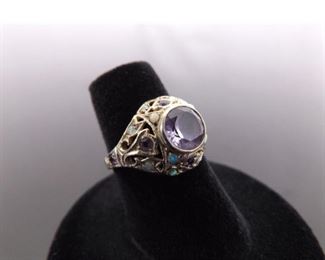 .925 Sterling Silver Faceted Amethyst and Inlayed Opal Ring Size 5.5
