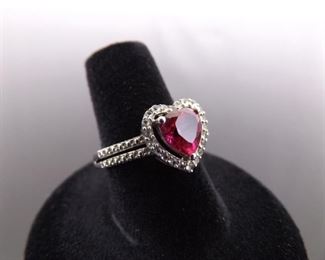 .925 Sterling Silver Garnett Crystal Heart Ring Size 7
