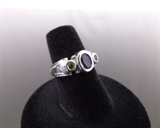 .925 Sterling Silver Faceted Amethyst and Peridot Ring Size 6
