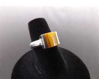 .925 Sterling Silver Tigers Eye Cabochon Ring Size 6
