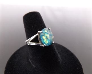 .925 Sterling Silver Blue Dichroic Opal Glass Cabochon Ring Size 7.25
