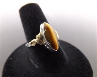 .925 Sterling Silver Gold Accented Tigers Eye Cabochon Ring Size 7.5
