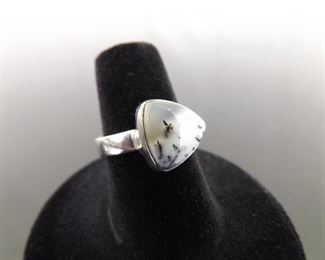 .925 Sterling Silver Moss Agate Trillion Cabochon Ring Size 6
