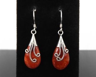 .925 Sterling Silver Red Coral Hook Dangle Earrings
