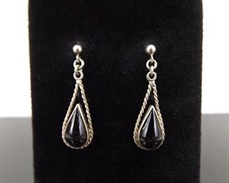 .925 Sterling Silver Black Onyx Cabochon Dangle Post Earrings
