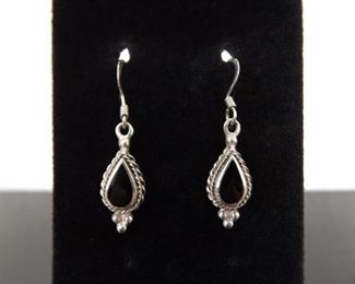 .925 Sterling Silver Inlayed Black Onyx Dangle Hook Earrings
