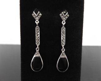 .925 Sterling Silver Art Nouveau Black Onyx Dangle Post Earrings
