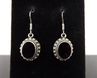 .925 Sterling Silver Black Onyx Cabochon Dangle Hook Earrings
