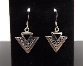 .925 Sterling Silver Inlayed Black Onyx Tribal Dangle Hook Earrings
