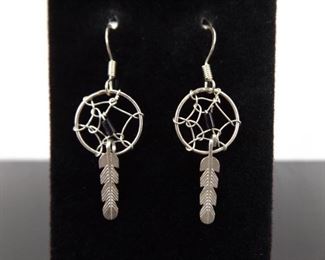 .925 Sterling Silver Dream Catcher Dangle Hook Earrings
