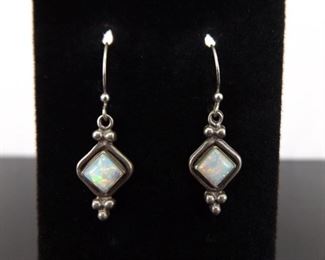 .925 Sterling Silver Opal Square Cabochon Dangle Hook Earrings
