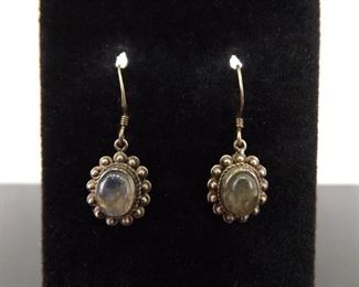 .925 Sterling Silver Moonstone Cabochon Dangle Hook Earrings

