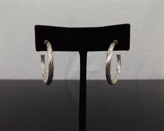 .925 Sterling Silver Twisted Rope Hoop Post Earrings
