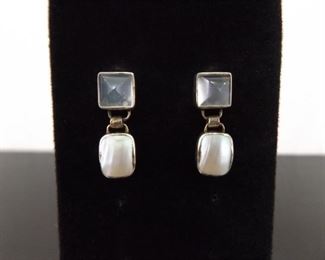 .925 Sterling Silver Moonstone and Mother of Pearl Dangle Post Earrings
