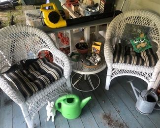 Wicker Chairs, Side Table, Gardening Items 