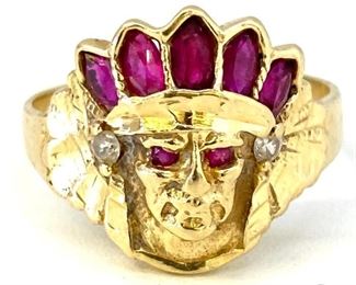 Great Vintage 14K Yellow Gold Diamond Native American Chief Head Ring Size 11 4.3 g