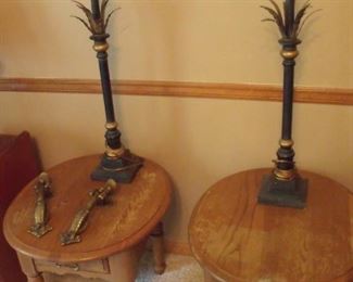 Oak side tables and lamps