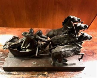 A.M. Bonegor, 20th Century Russian Sculptor                                                "Sled Drawn by Three Roaming Horses" in  Bronze