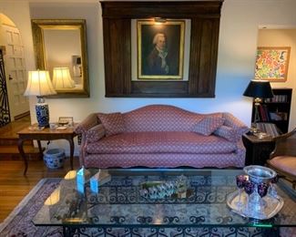 18th C Portrait; Camelback Sofa; tables, lamps & Rug...all make a beautiful setting