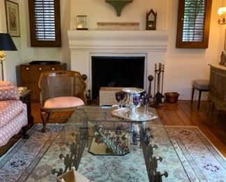 Wrought Iron and Glass Cocktail Table, Wool Rug