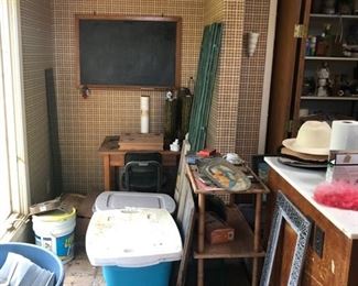 antique slate chalkboard, cactus lamp base, low shelf