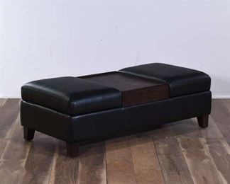 Dark Faux-Leather Bench With Inset Console