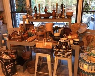 Indoor or outdoor Table with  four chairs and bench, lots of wicker, and  reed-baskets, vintage brass Turkish coffee pots