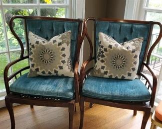 vintage bent wood chairs, turquoise cushions. Very unique 