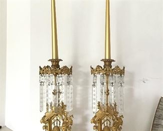 Amazing Antique Bears & Bee Hive Metal & Marble Figural Candleholders w/Etched Crystals