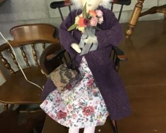 Fabric old lady doll with chair