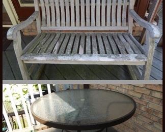 Teakwood Two Person Porch Rocker and Glass Top Patio Table.