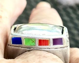 Multi-inlay sterling ring. Many artisan one of a kind pieces