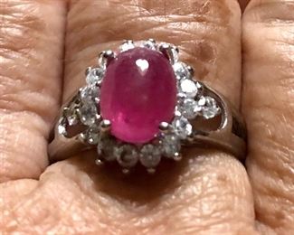 Cabochon ruby set w CZ gold over sterling