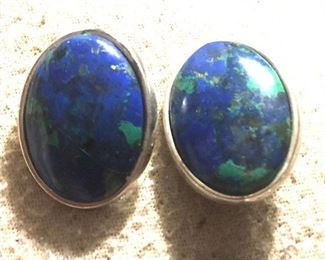 Hand made azurite and sterling vintage clip back earrings