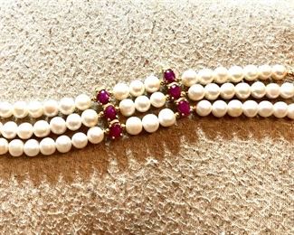 Cultured freshwater pearl bracelet w ruby and gold over sterling spacers —elegant