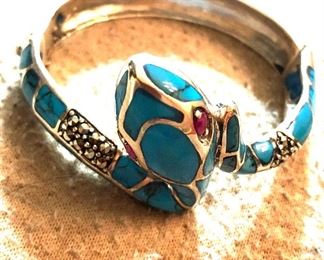 SPECTACULAR handmade turquoise marcasite sterling ruby eyed vintage bracelet, PERFECT condition