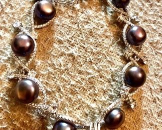 Tahiatian cultured black pearl CZ sterling darling bracelet