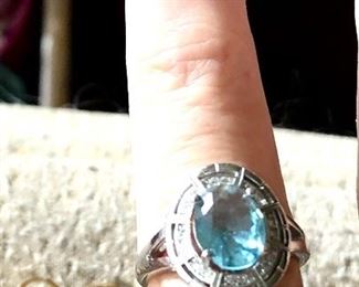 Deco blue topaz ring set with sparkling CZ’S