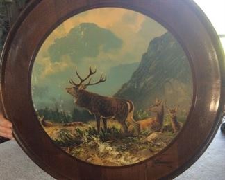 1968 GERMAN  Elk Circular Wood Frame Art 