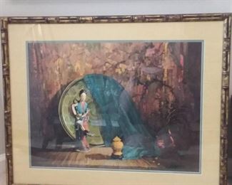 Framed Chinoserie Lithograph Print Featuring a Geisha