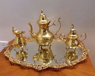 Gilded Pewter 3pc Tea Set with French Rose Mirrored Tray